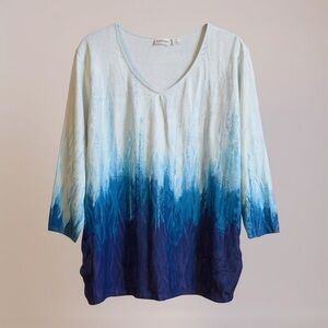 Chico's Blue Dip Dye Ombre 3/4 Sleeve V-Neck Top Tunic Size 3